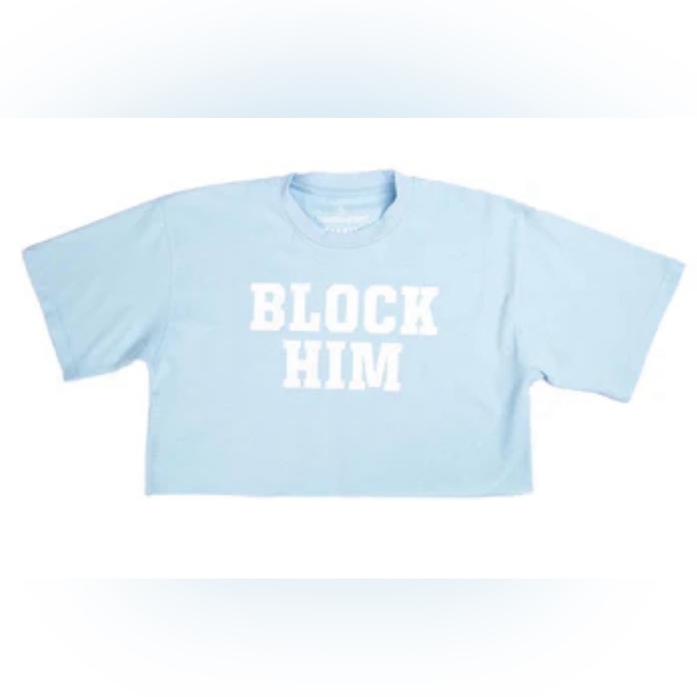 Barstool Sports ‘Block Him’ Baby Blue Cropped T-Shirt Size Medium